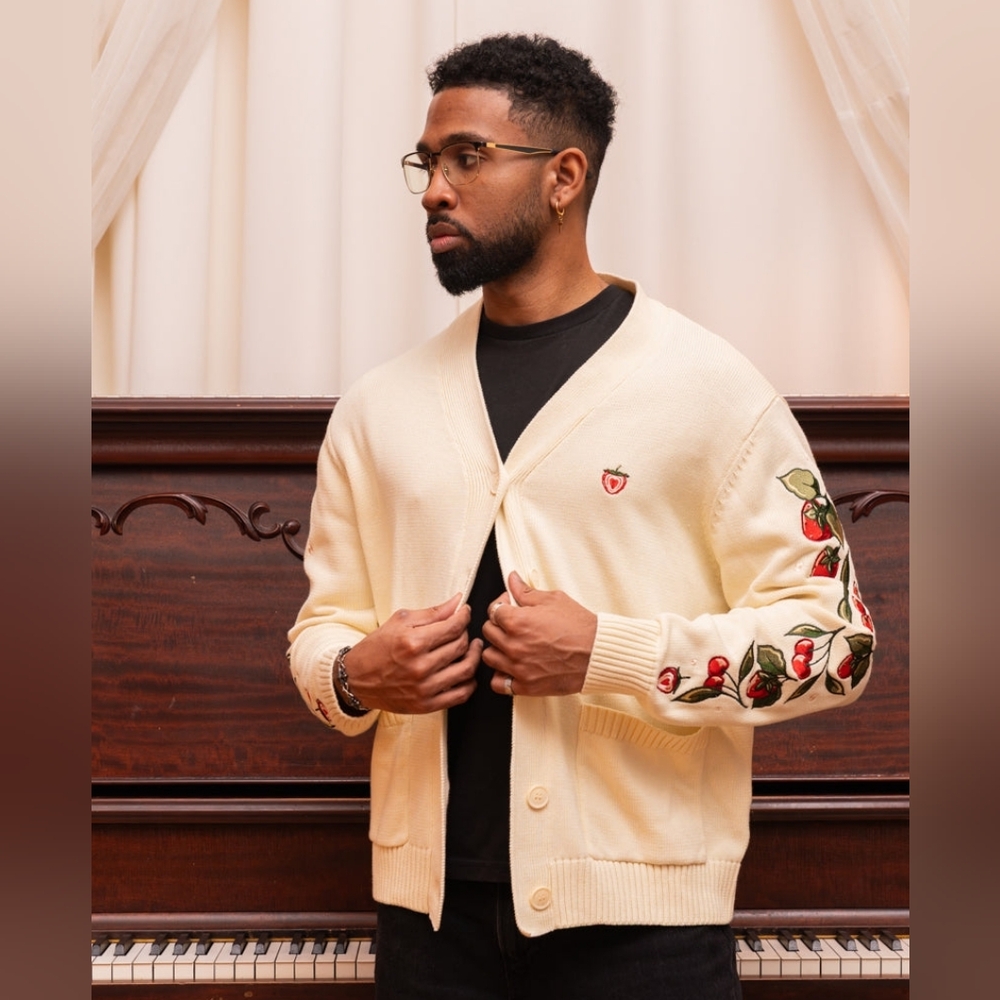 Carmico Cream Embroidered Strawberry and Cherry Cardigan Sweater